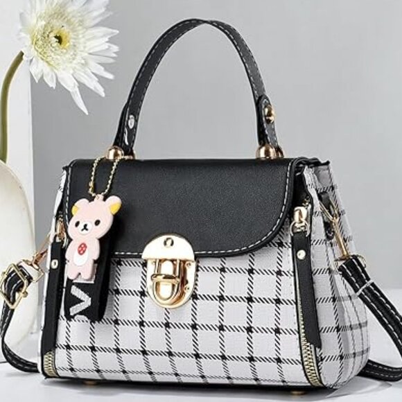 Neiman Marcus Plaid Twist Lock Black Bear Purse - Picture 1 of 7